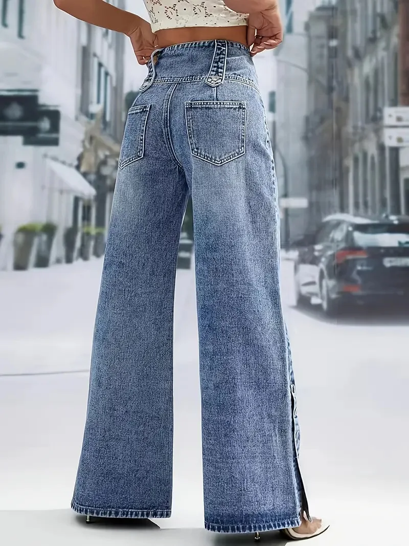 Women's Blue High Waist Wide Leg Jeans Fashion Multi Button Front Side Snap Detail Denim Pants Casual Outfit For Daily Dating