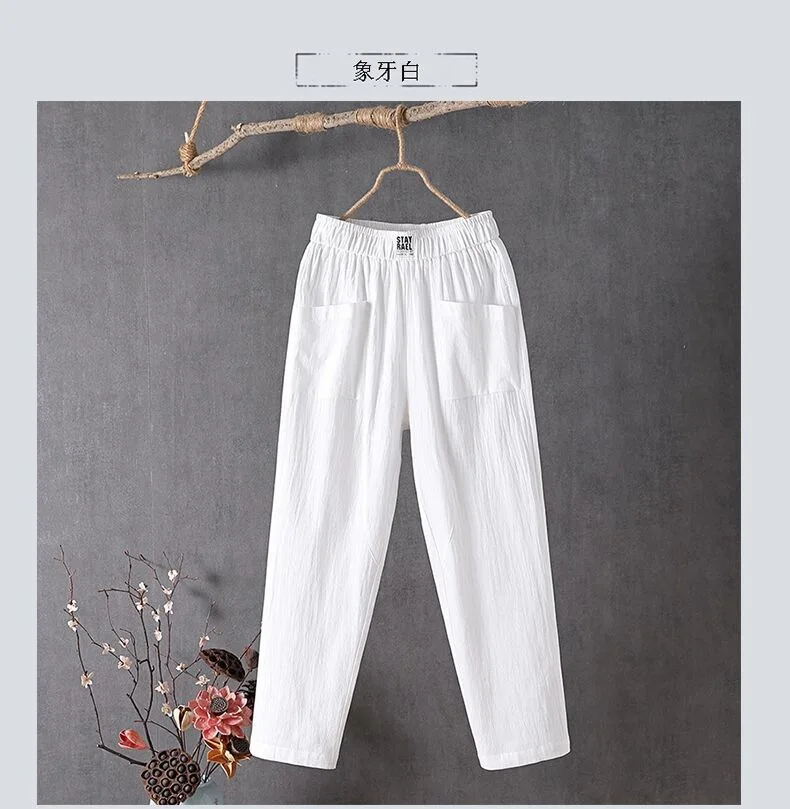 Cotton and Linen Casual Pants For Women Korean Style Solid Loose Straight Pants Summer Thin Nine-Point Harem Pants White Red
