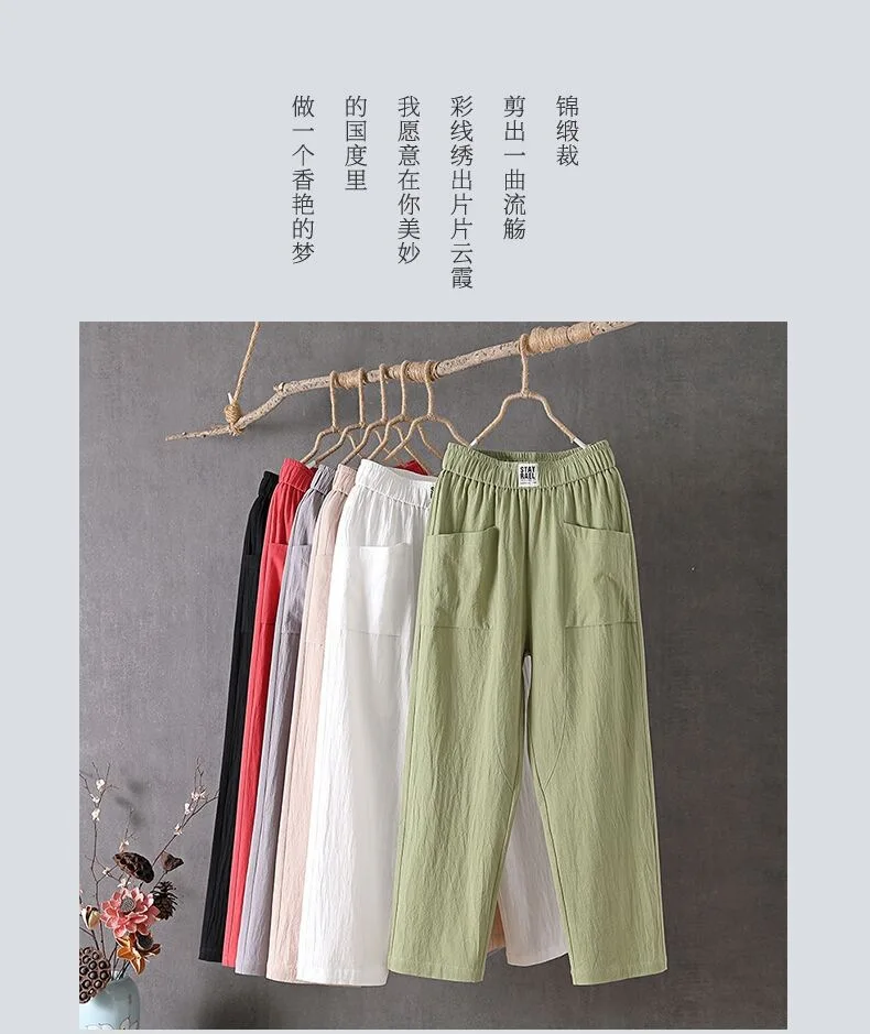 Cotton and Linen Casual Pants For Women Korean Style Solid Loose Straight Pants Summer Thin Nine-Point Harem Pants White Red