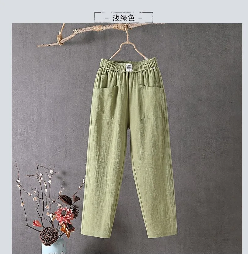Cotton and Linen Casual Pants For Women Korean Style Solid Loose Straight Pants Summer Thin Nine-Point Harem Pants White Red