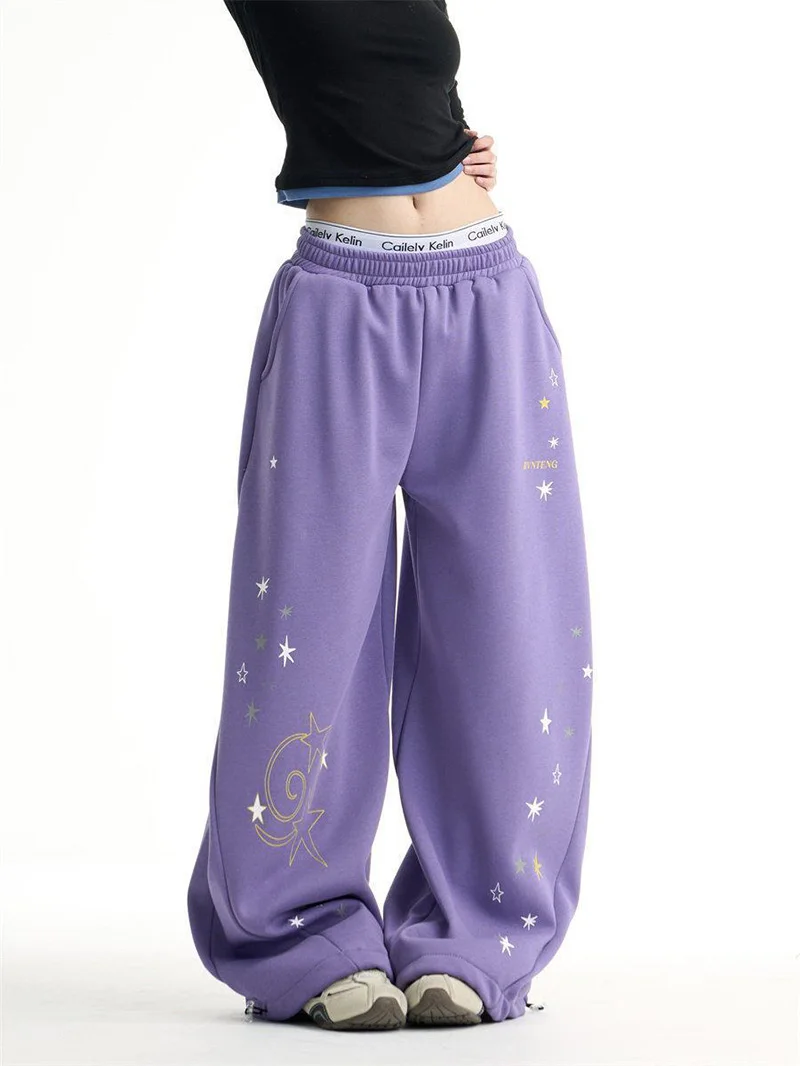 Y2K Stars Print Wide Leg Pants Women Spring Streetwear High Waist Hip Hop Trousers Harajuku American Casual Bf Purple Pant New