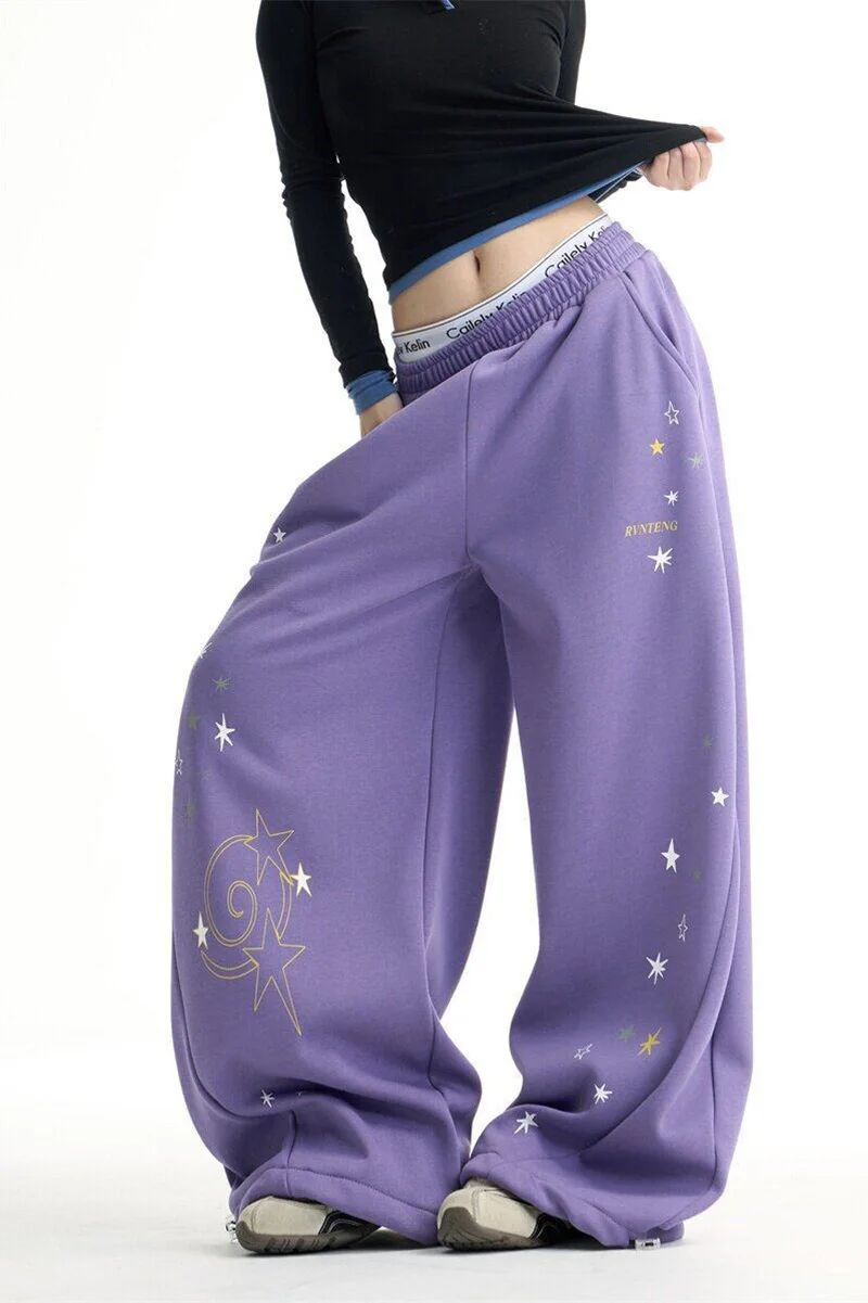 Y2K Stars Print Wide Leg Pants Women Spring Streetwear High Waist Hip Hop Trousers Harajuku American Casual Bf Purple Pant New