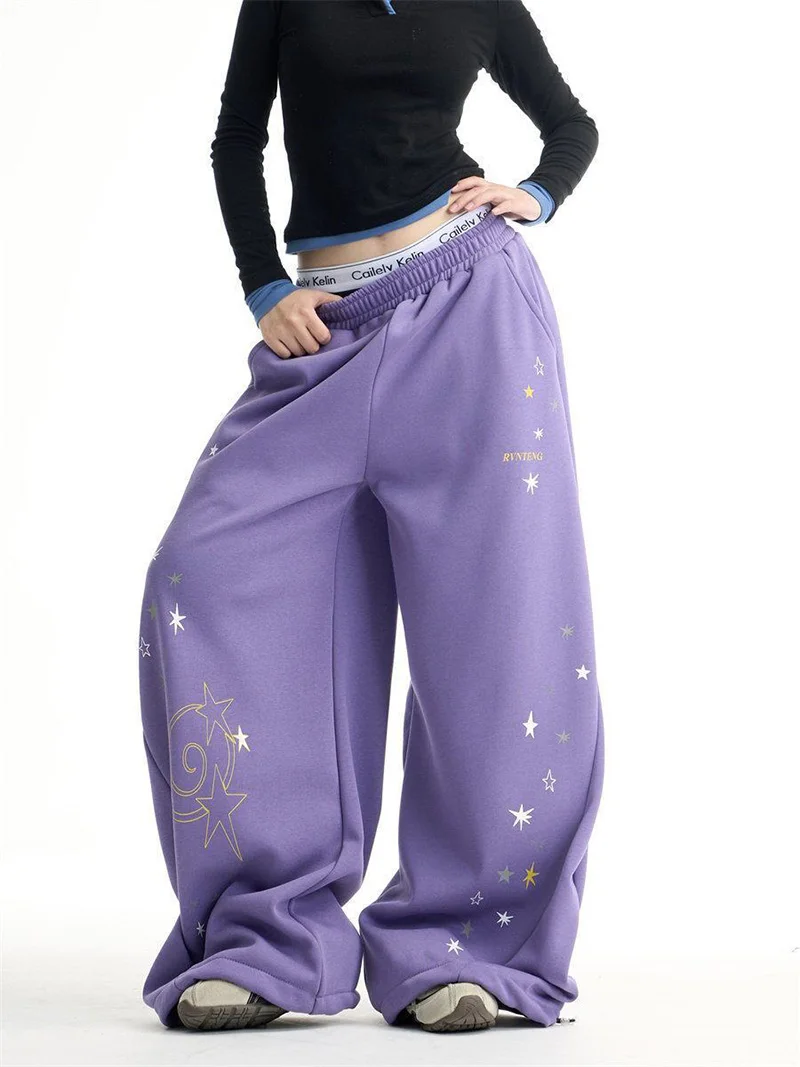 Y2K Stars Print Wide Leg Pants Women Spring Streetwear High Waist Hip Hop Trousers Harajuku American Casual Bf Purple Pant New