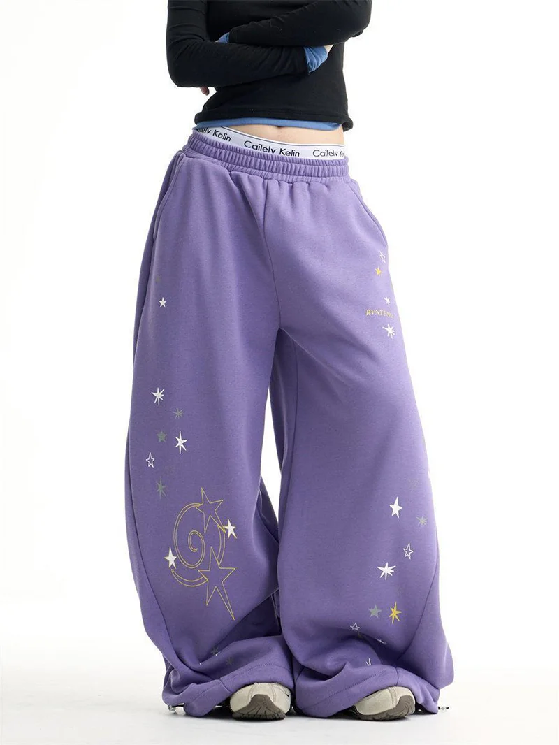 Y2K Stars Print Wide Leg Pants Women Spring Streetwear High Waist Hip Hop Trousers Harajuku American Casual Bf Purple Pant New