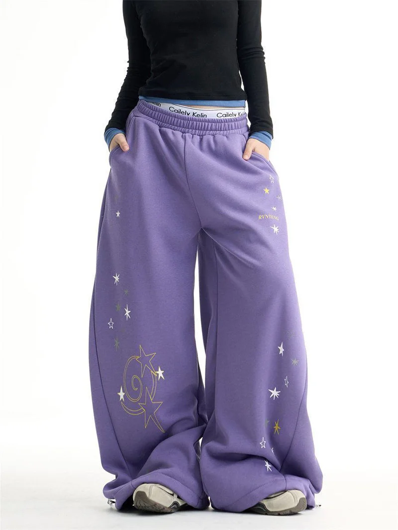 Y2K Stars Print Wide Leg Pants Women Spring Streetwear High Waist Hip Hop Trousers Harajuku American Casual Bf Purple Pant New
