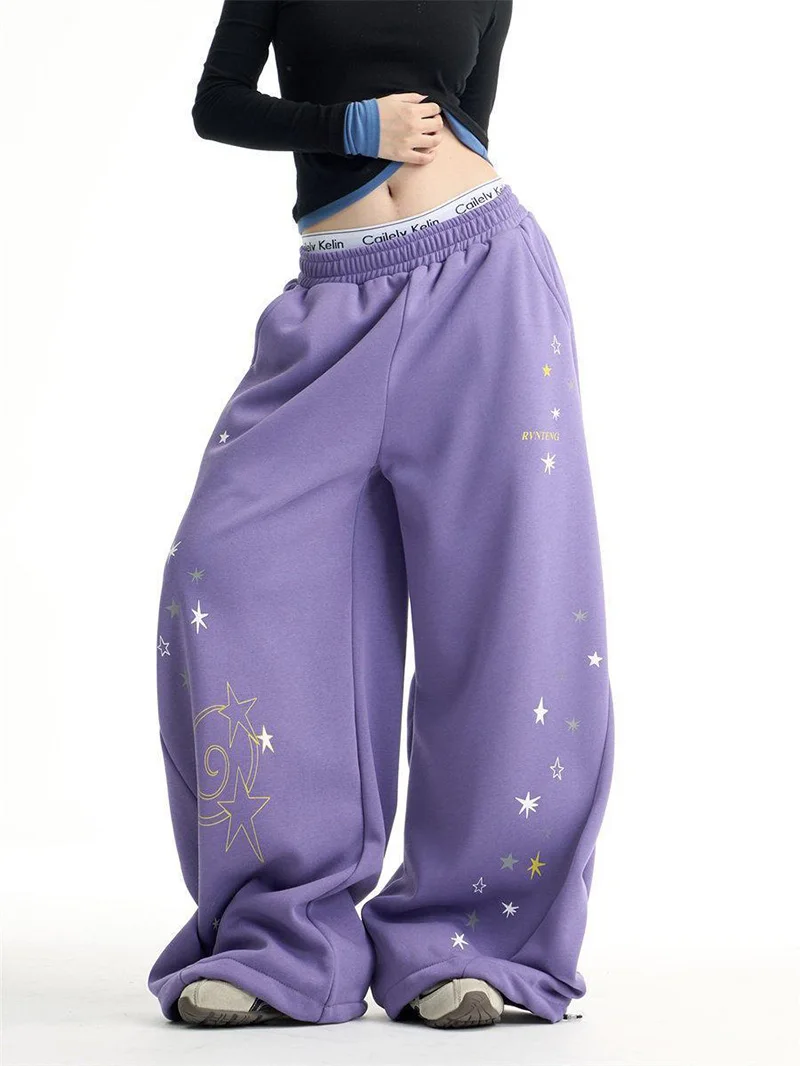 Y2K Stars Print Wide Leg Pants Women Spring Streetwear High Waist Hip Hop Trousers Harajuku American Casual Bf Purple Pant New