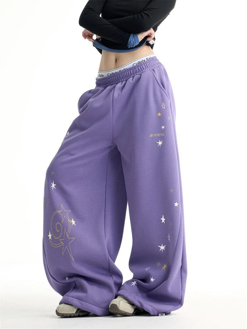 Y2K Stars Print Wide Leg Pants Women Spring Streetwear High Waist Hip Hop Trousers Harajuku American Casual Bf Purple Pant New