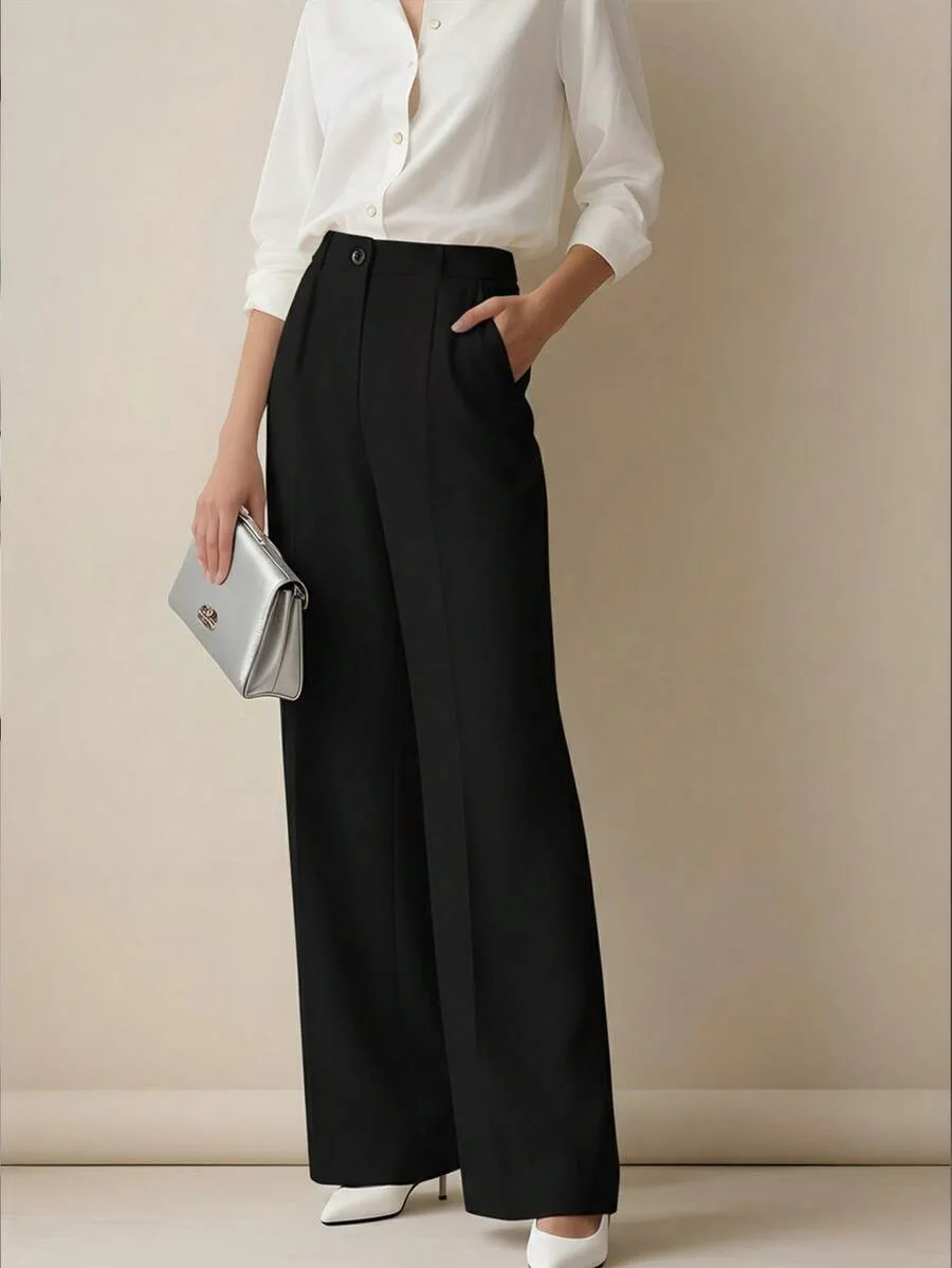 New Elegant Fashionable Casual Women's High-waisted  Draped Straight-cut Pocket Slimming Versatile Simple Solid Women Chic Pants