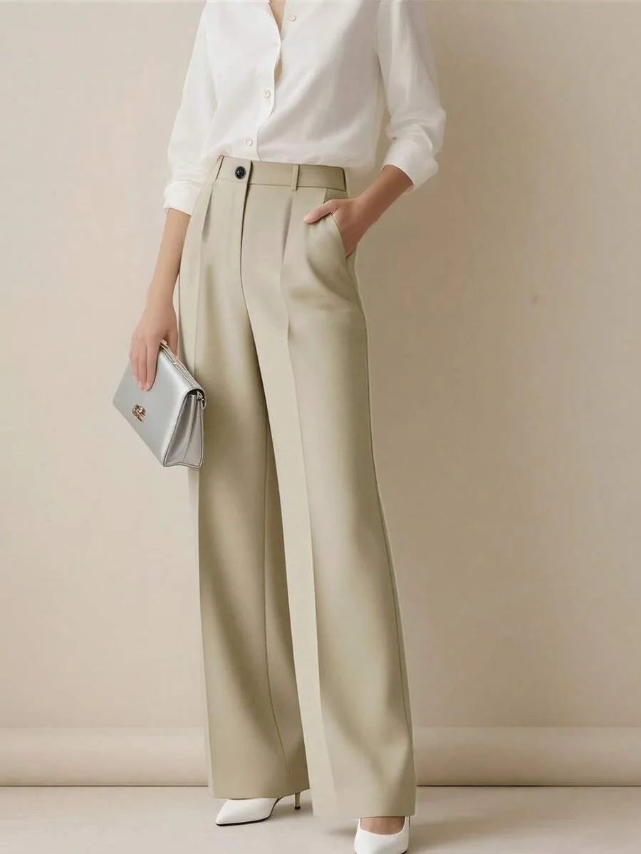 New Elegant Fashionable Casual Women's High-waisted  Draped Straight-cut Pocket Slimming Versatile Simple Solid Women Chic Pants