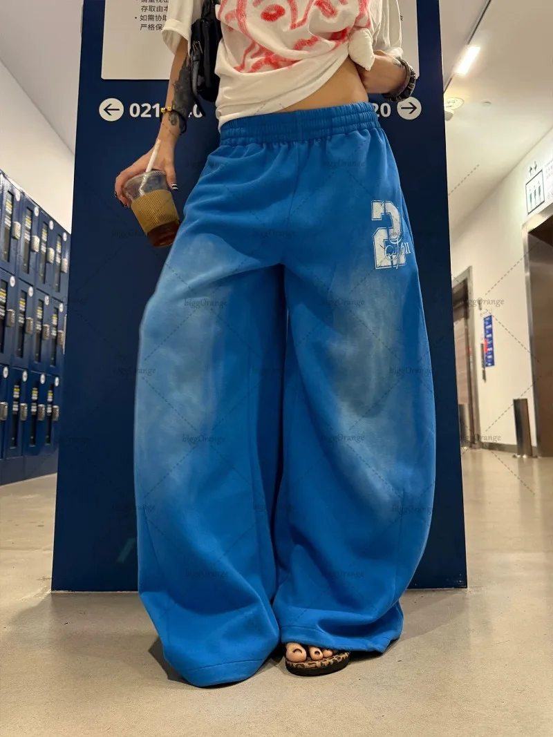 Casual hip-hop retro blue sweatpants Y2K Harajuku street pants rock roll women's trendy oversized washed loose wide-leg pants