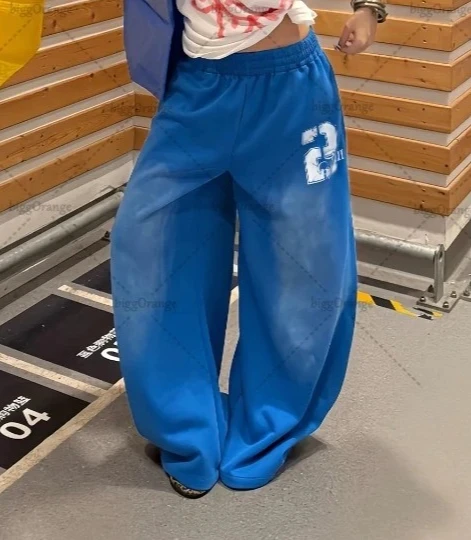Casual hip-hop retro blue sweatpants Y2K Harajuku street pants rock roll women's trendy oversized washed loose wide-leg pants