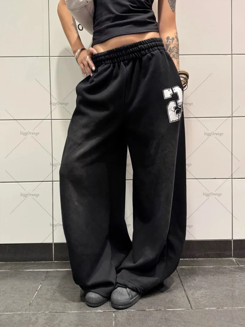 Casual hip-hop retro blue sweatpants Y2K Harajuku street pants rock roll women's trendy oversized washed loose wide-leg pants