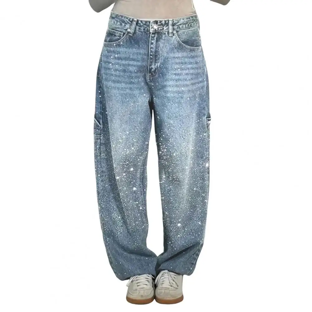 Women's Straight Leg Denim Pants High Waisted Baggy Wide Leg Bling Jeans Casual Sparkly Harem Jeans for Streetwear
