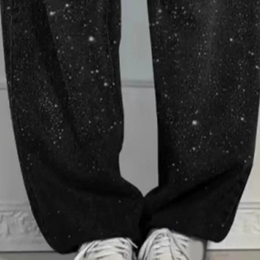 Women's Straight Leg Denim Pants High Waisted Baggy Wide Leg Bling Jeans Casual Sparkly Harem Jeans for Streetwear