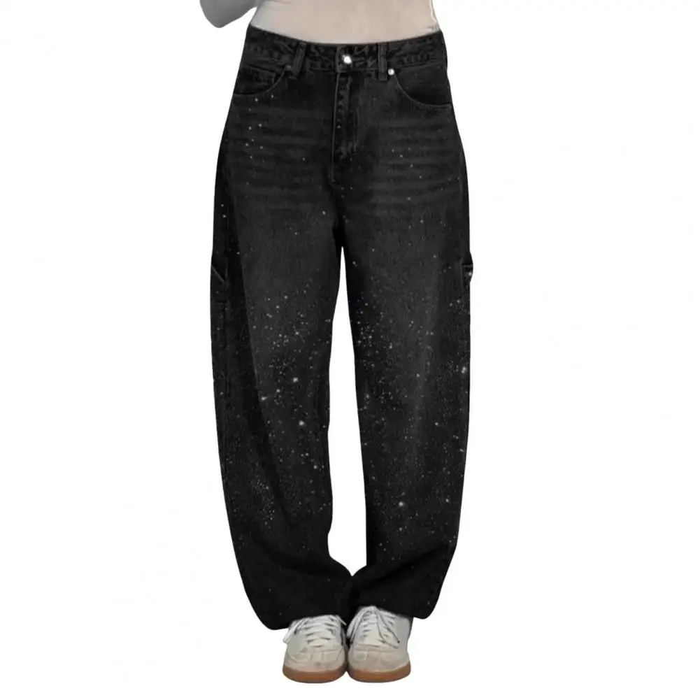 Women's Straight Leg Denim Pants High Waisted Baggy Wide Leg Bling Jeans Casual Sparkly Harem Jeans for Streetwear