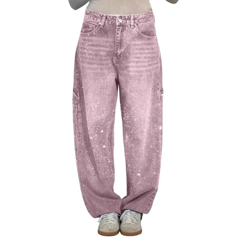 Women's Straight Leg Denim Pants High Waisted Baggy Wide Leg Bling Jeans Casual Sparkly Harem Jeans for Streetwear