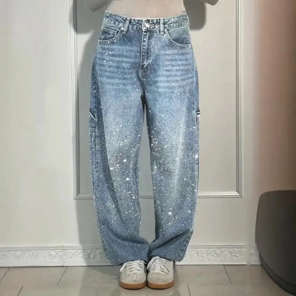 Women's Straight Leg Denim Pants High Waisted Baggy Wide Leg Bling Jeans Casual Sparkly Harem Jeans for Streetwear