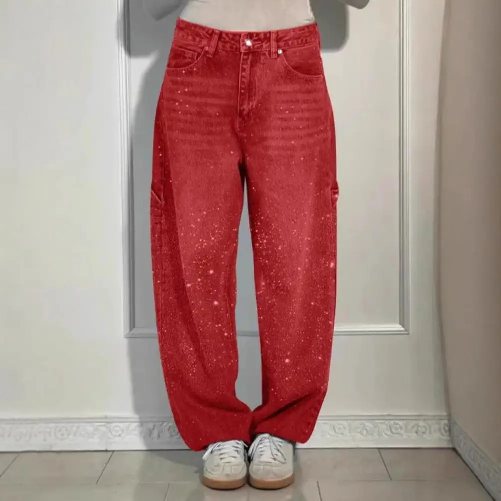 Women's Straight Leg Denim Pants High Waisted Baggy Wide Leg Bling Jeans Casual Sparkly Harem Jeans for Streetwear