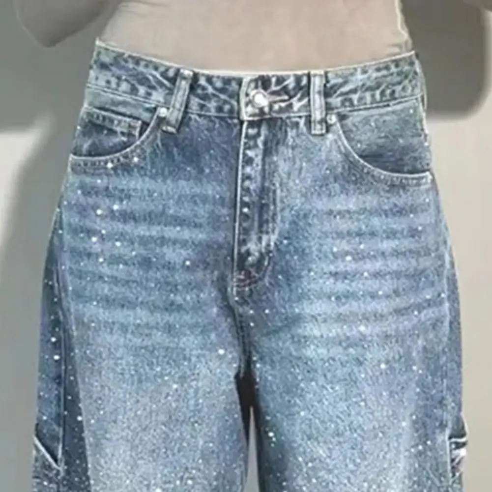 Women's Straight Leg Denim Pants High Waisted Baggy Wide Leg Bling Jeans Casual Sparkly Harem Jeans for Streetwear