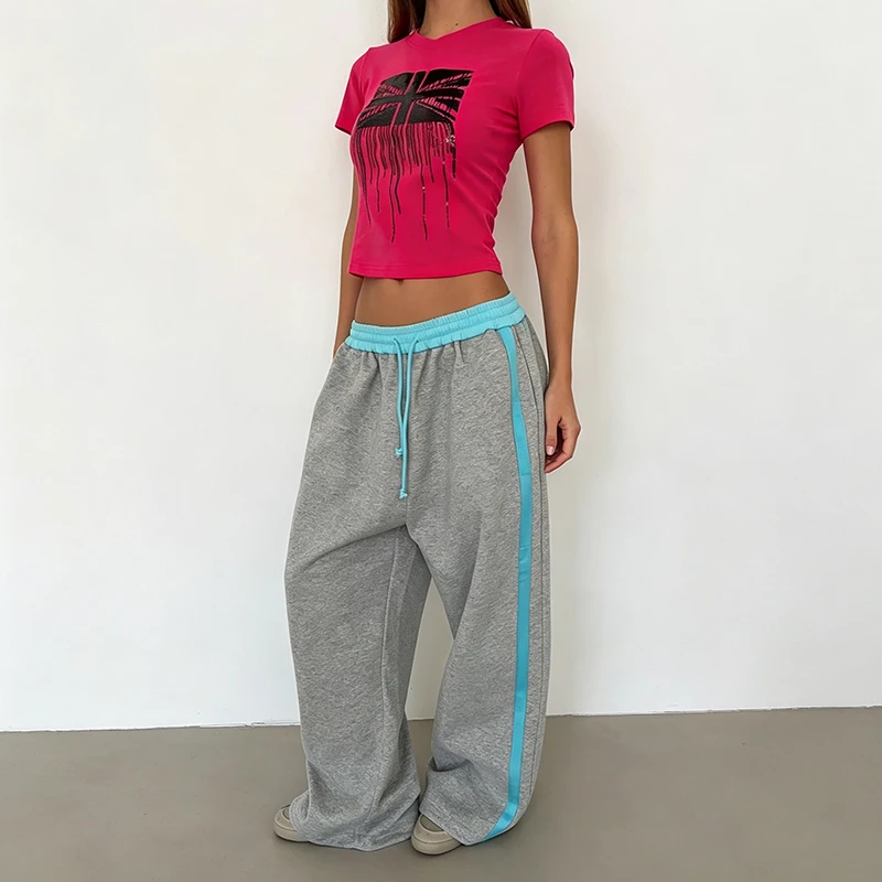 Women Y2K Color Block Wide Leg Sweatpants Waistband Loose Baggy Gothic Fashion Trousers American Retro Streetwear Casual Joggers