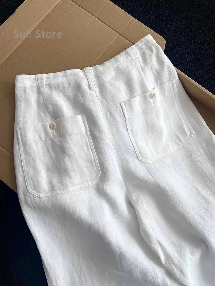 High Waist Elastic Waist Cotton Linen Casual Pants Women's Style Small Size White Drawstring Loose Fit Trousers