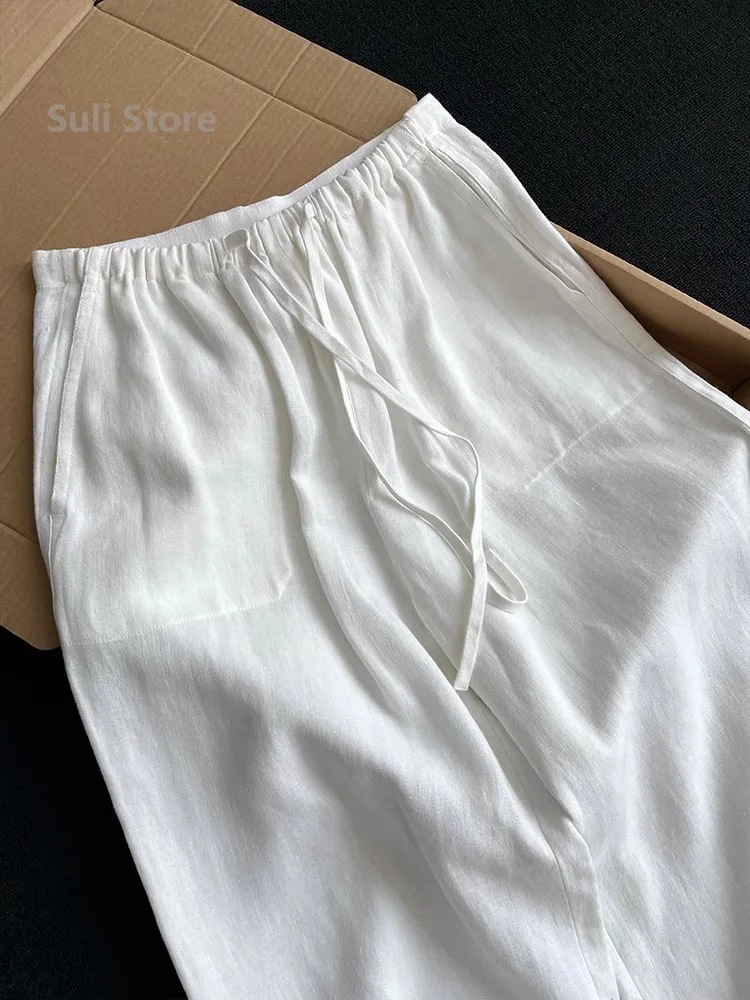 High Waist Elastic Waist Cotton Linen Casual Pants Women's Style Small Size White Drawstring Loose Fit Trousers