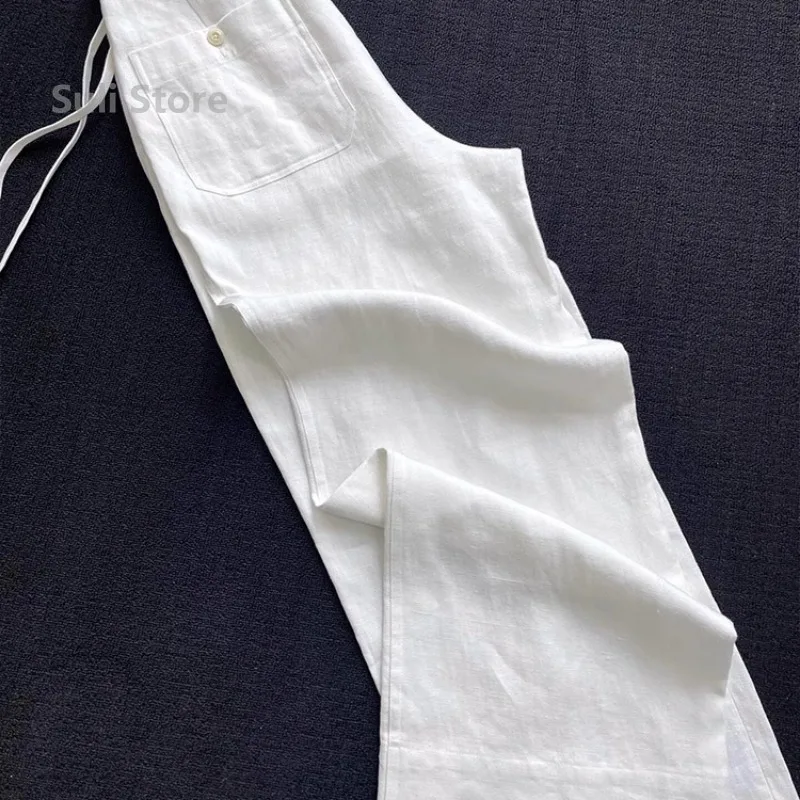 High Waist Elastic Waist Cotton Linen Casual Pants Women's Style Small Size White Drawstring Loose Fit Trousers