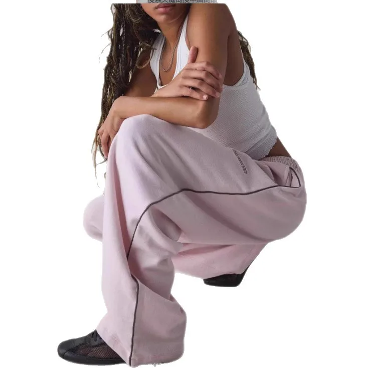 M6067 Striped Wide Leg Sports Pants For Women In Spring And Autumn, Loose And Slimming, Straight Leg Casual Pants With A Sense O