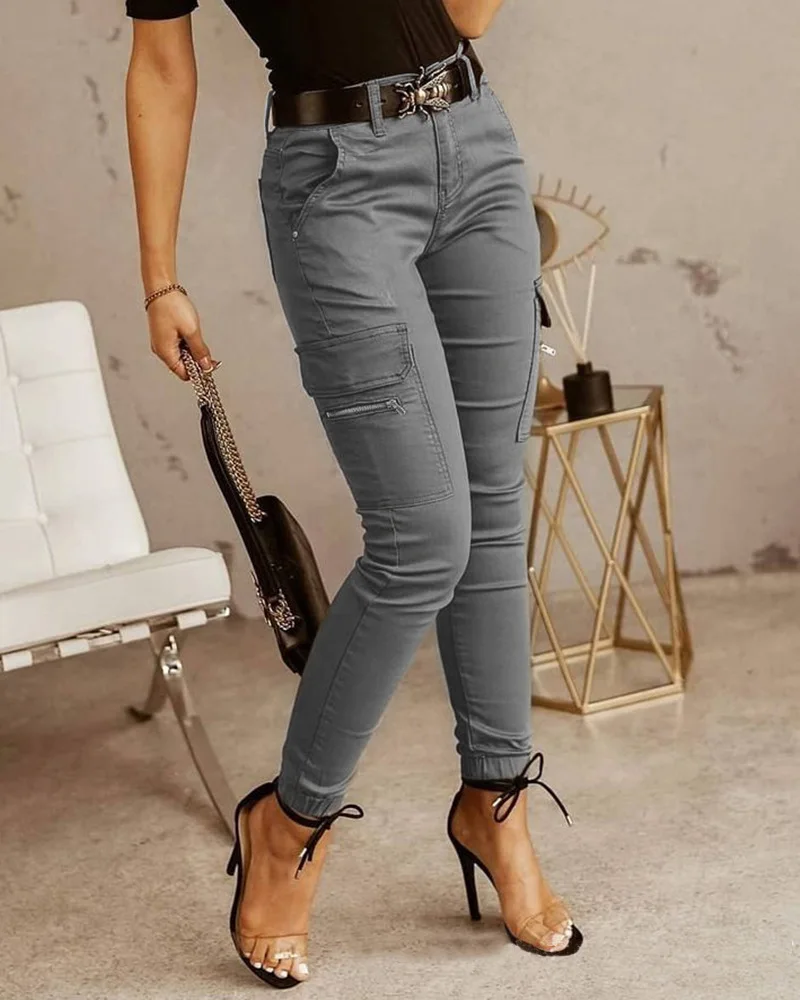 Fashion Woman Work Trousers Spring Autumn Casual Multi-Pocket Tight Foot Trousers Low-waist Button Solid Color Women's Leggings