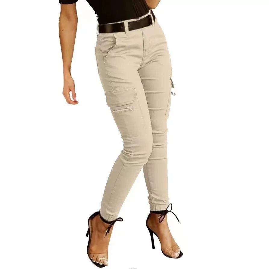 Fashion Woman Work Trousers Spring Autumn Casual Multi-Pocket Tight Foot Trousers Low-waist Button Solid Color Women's Leggings