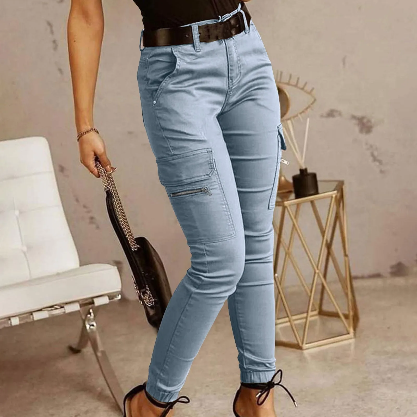 Fashion Woman Work Trousers Spring Autumn Casual Multi-Pocket Tight Foot Trousers Low-waist Button Solid Color Women's Leggings