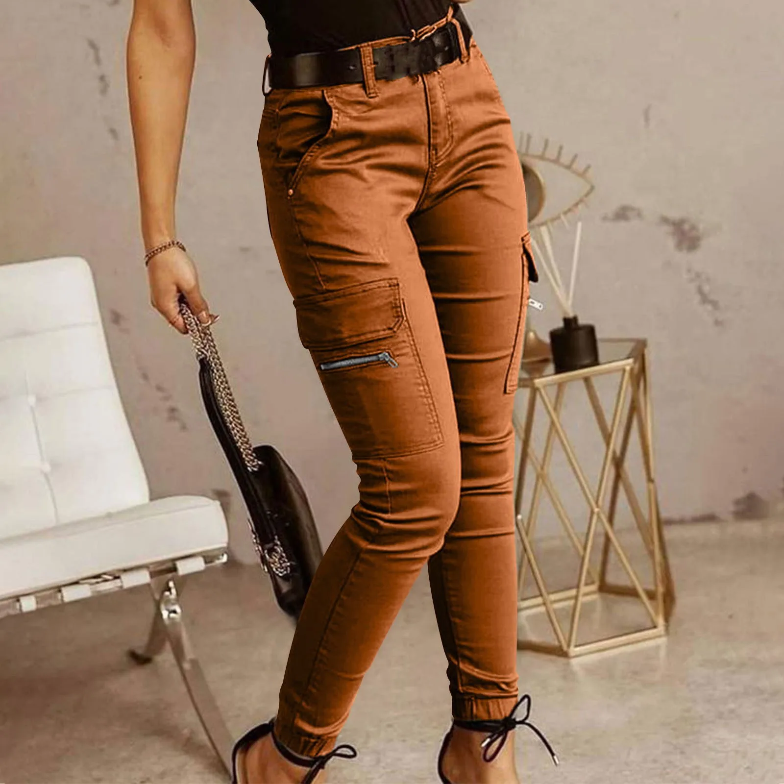 Fashion Woman Work Trousers Spring Autumn Casual Multi-Pocket Tight Foot Trousers Low-waist Button Solid Color Women's Leggings