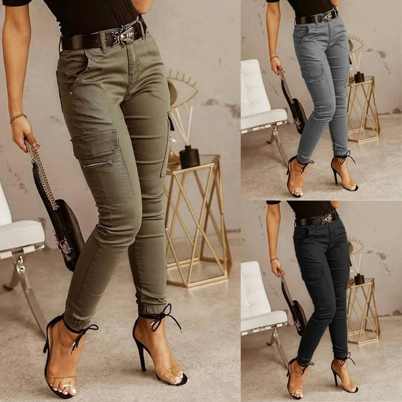 Fashion Woman Work Trousers Spring Autumn Casual Multi-Pocket Tight Foot Trousers Low-waist Button Solid Color Women's Leggings