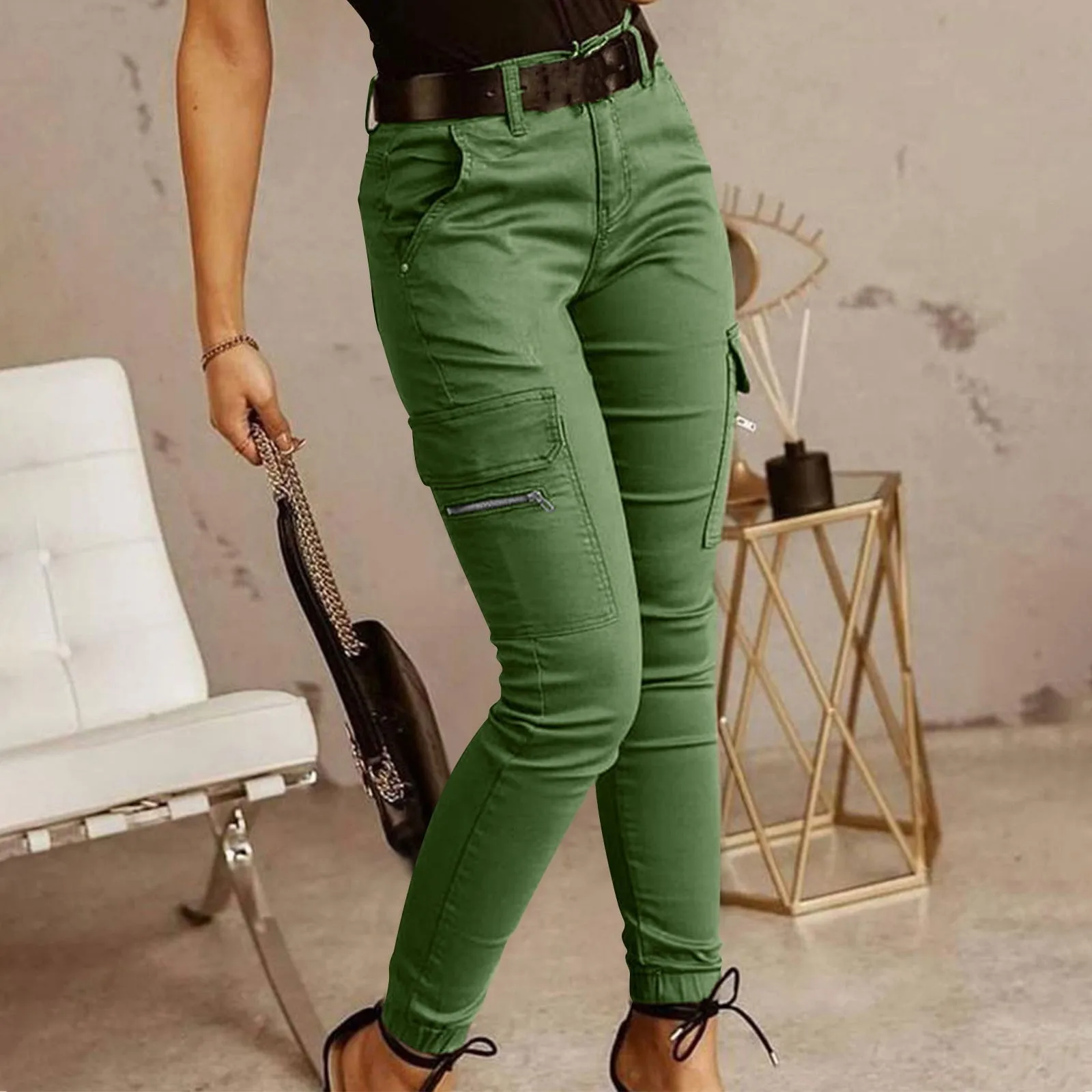 Fashion Woman Work Trousers Spring Autumn Casual Multi-Pocket Tight Foot Trousers Low-waist Button Solid Color Women's Leggings