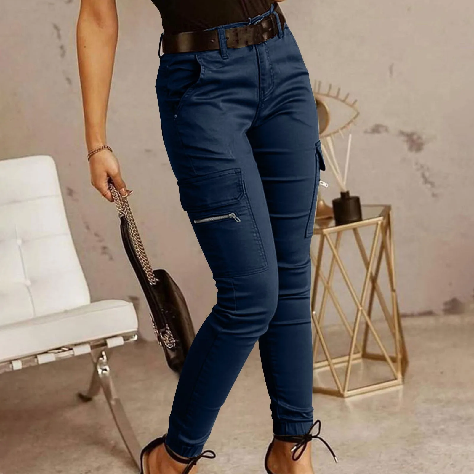 Fashion Woman Work Trousers Spring Autumn Casual Multi-Pocket Tight Foot Trousers Low-waist Button Solid Color Women's Leggings