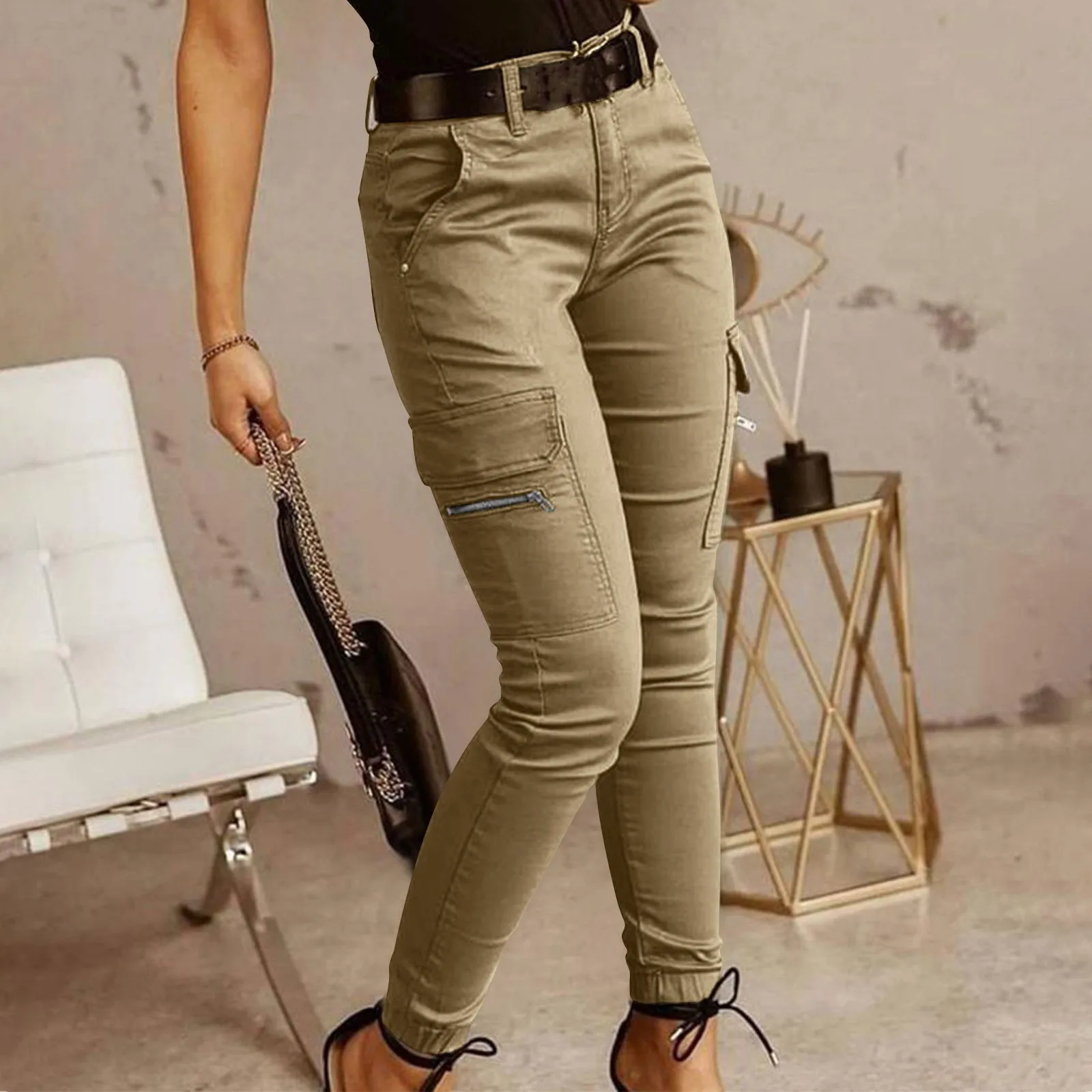 Fashion Woman Work Trousers Spring Autumn Casual Multi-Pocket Tight Foot Trousers Low-waist Button Solid Color Women's Leggings
