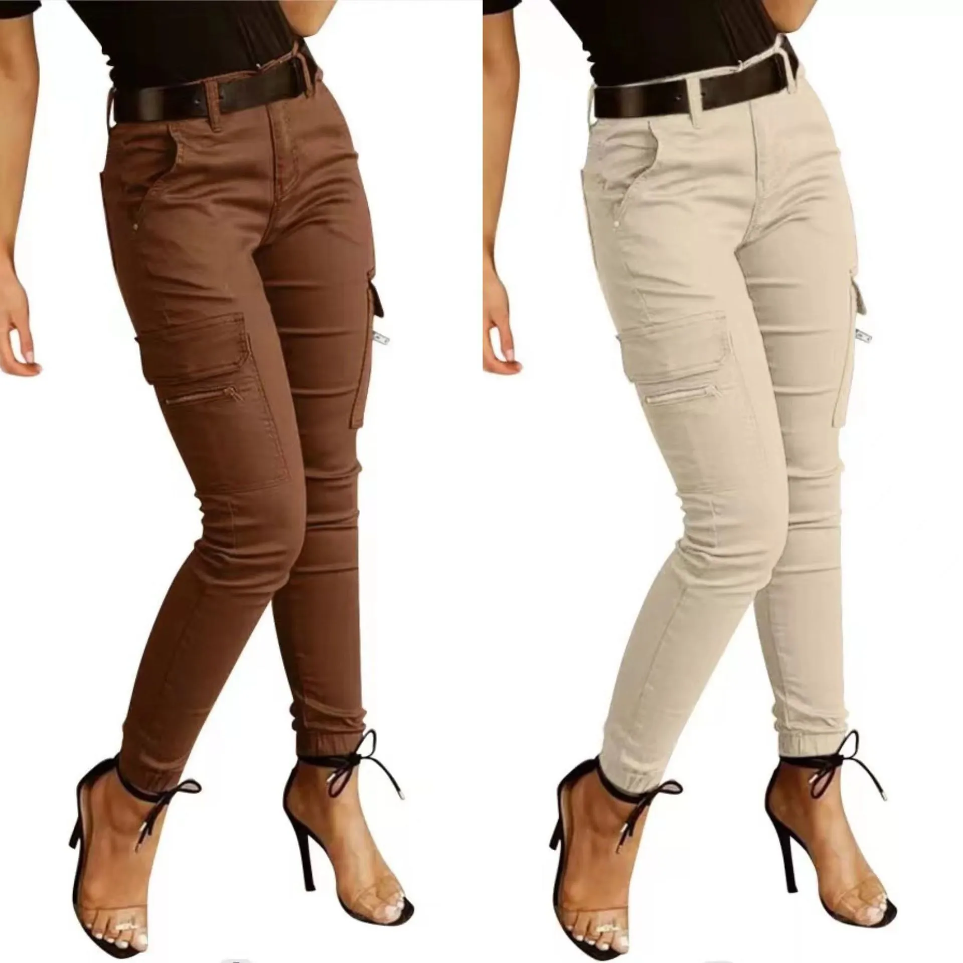 Fashion Woman Work Trousers Spring Autumn Casual Multi-Pocket Tight Foot Trousers Low-waist Button Solid Color Women's Leggings