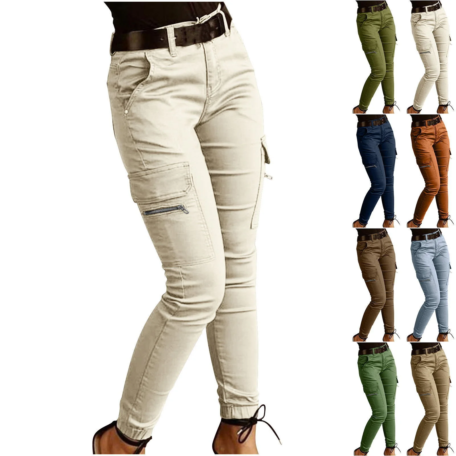Fashion Woman Work Trousers Spring Autumn Casual Multi-Pocket Tight Foot Trousers Low-waist Button Solid Color Women's Leggings