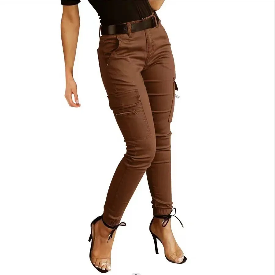 Fashion Woman Work Trousers Spring Autumn Casual Multi-Pocket Tight Foot Trousers Low-waist Button Solid Color Women's Leggings