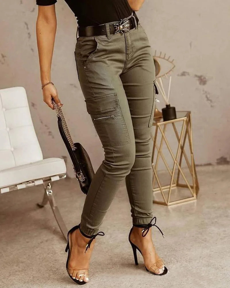 Fashion Woman Work Trousers Spring Autumn Casual Multi-Pocket Tight Foot Trousers Low-waist Button Solid Color Women's Leggings