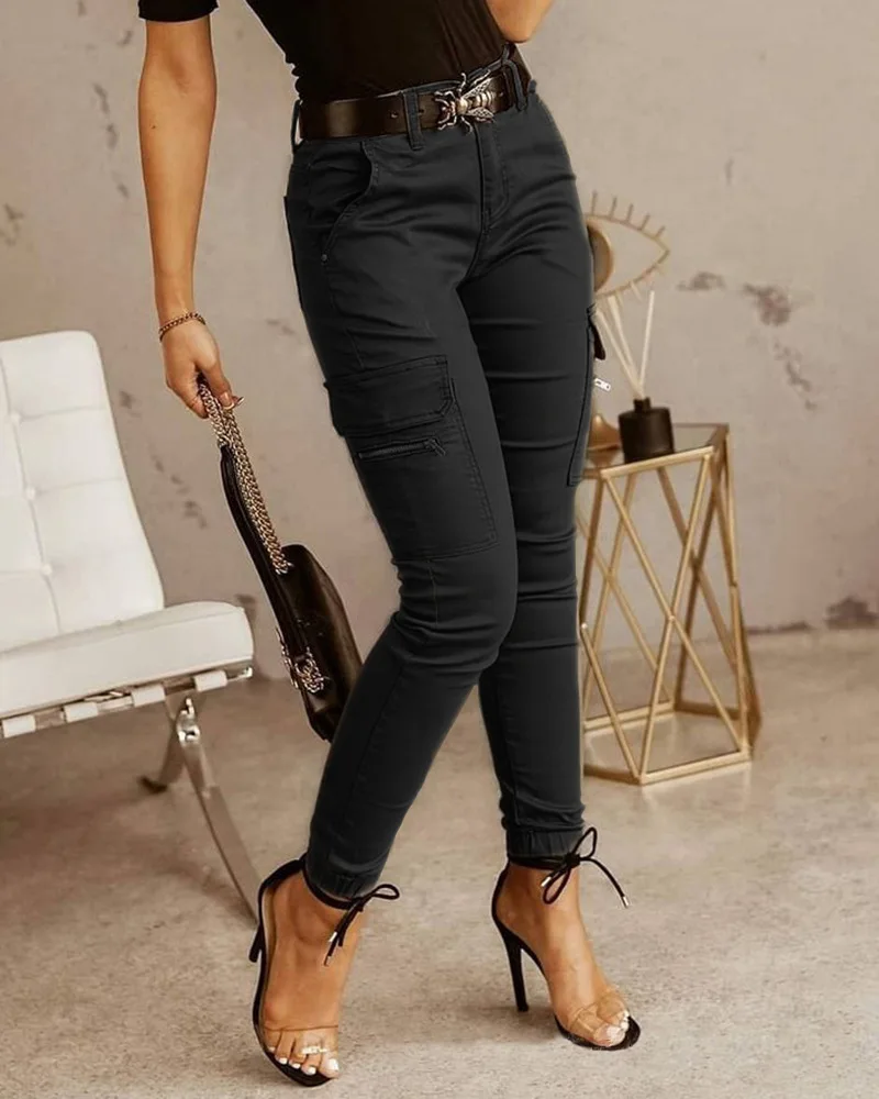 Fashion Woman Work Trousers Spring Autumn Casual Multi-Pocket Tight Foot Trousers Low-waist Button Solid Color Women's Leggings