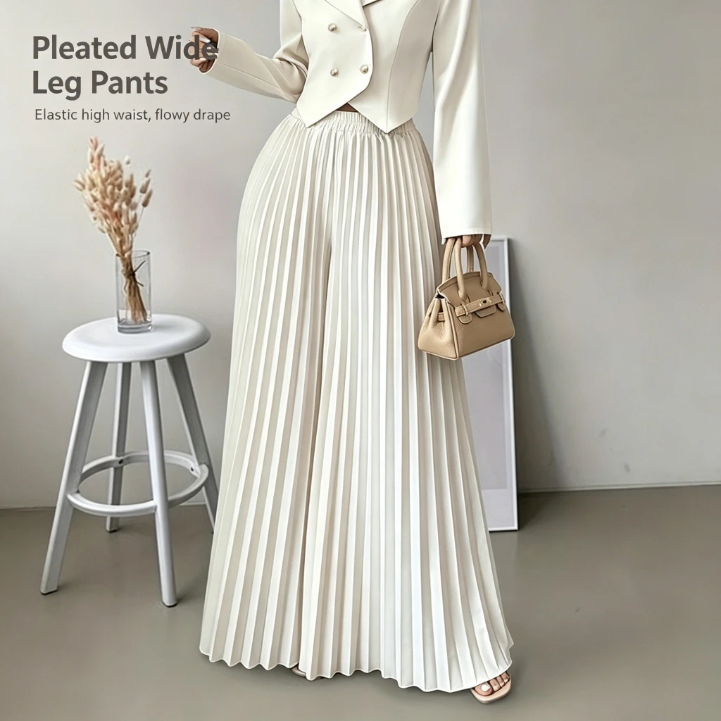 Missuoo Women‘s High Waist Elastic Waist Pleated Wide Leg Pants 2026 Summer Solid White Flowy Floor Length Palazzo Trousers