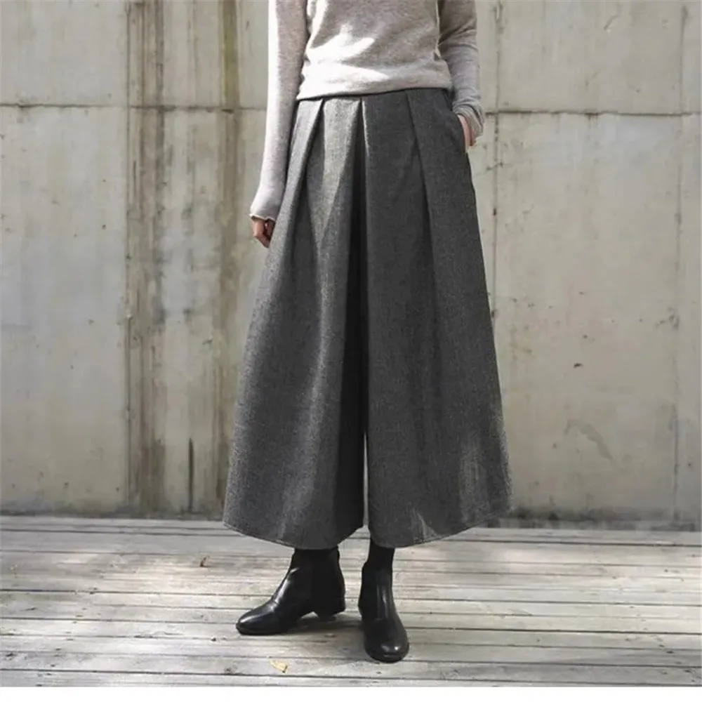 Loose Woolen Wide Leg Skirts Pants Women Pleated Casual Pants Winter Autumn Straight Trousers Elastic High Waist Fat Leg Pants