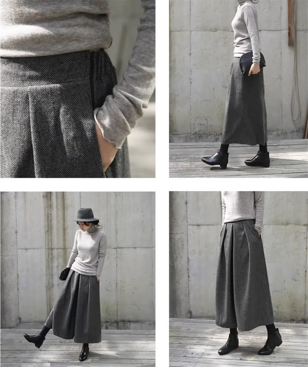 Loose Woolen Wide Leg Skirts Pants Women Pleated Casual Pants Winter Autumn Straight Trousers Elastic High Waist Fat Leg Pants