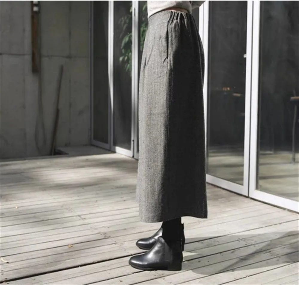 Loose Woolen Wide Leg Skirts Pants Women Pleated Casual Pants Winter Autumn Straight Trousers Elastic High Waist Fat Leg Pants