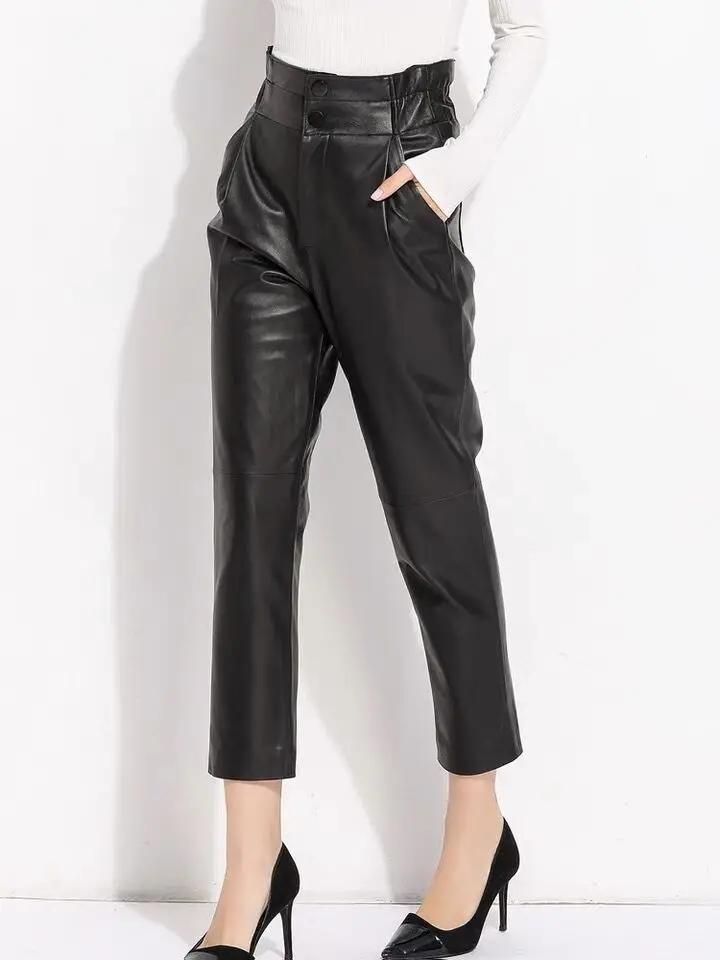 Genuine Leather Pants Women Winter 2026 New Fashion Elastic High Waist Pants Women Harem Pants Casual Trouser Female