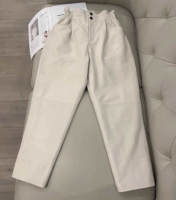 Genuine Leather Pants Women Winter 2026 New Fashion Elastic High Waist Pants Women Harem Pants Casual Trouser Female
