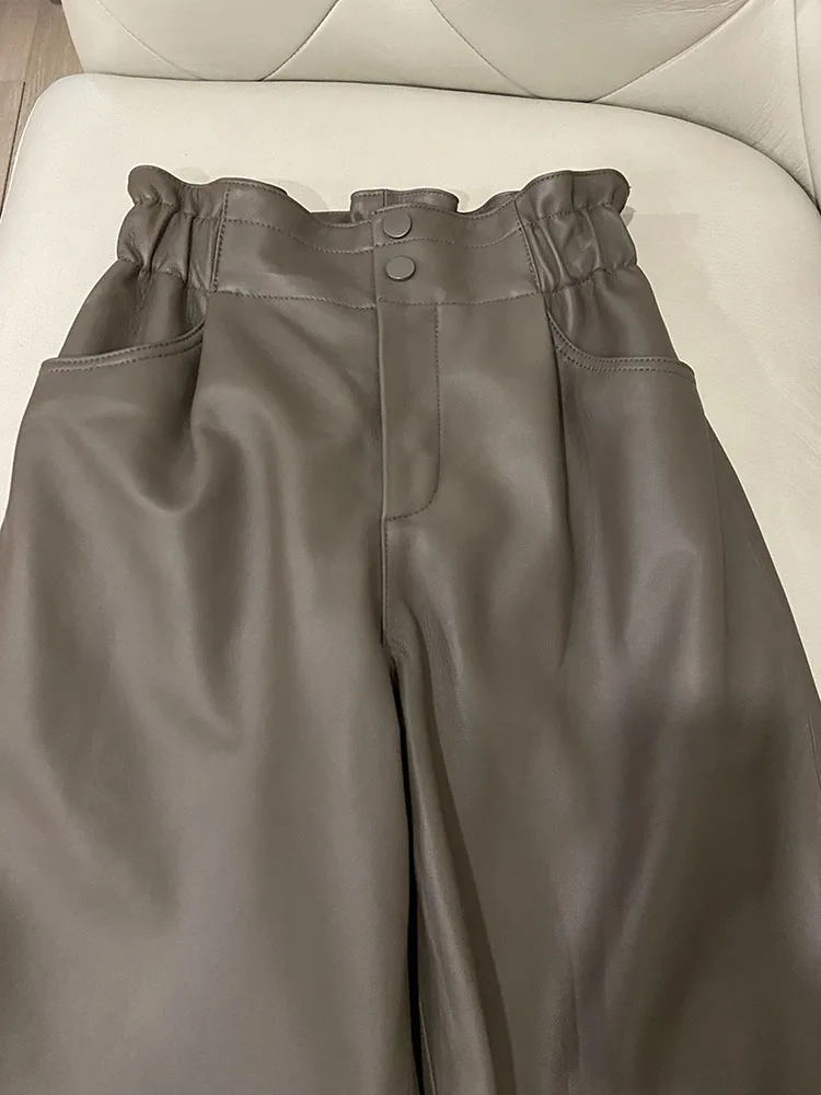 Genuine Leather Pants Women Winter 2026 New Fashion Elastic High Waist Pants Women Harem Pants Casual Trouser Female