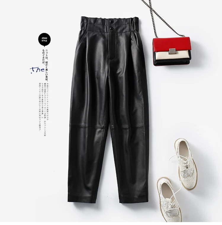 Genuine Leather Pants Women Winter 2026 New Fashion Elastic High Waist Pants Women Harem Pants Casual Trouser Female