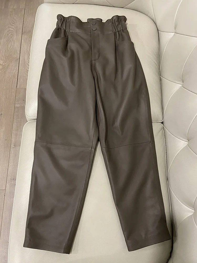 Genuine Leather Pants Women Winter 2026 New Fashion Elastic High Waist Pants Women Harem Pants Casual Trouser Female